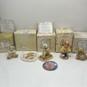 Cherished Teddies Lot 5 Figurines, 1 Pin Vintage Collection